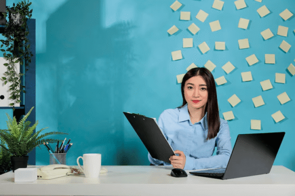 A female office worker at her desk