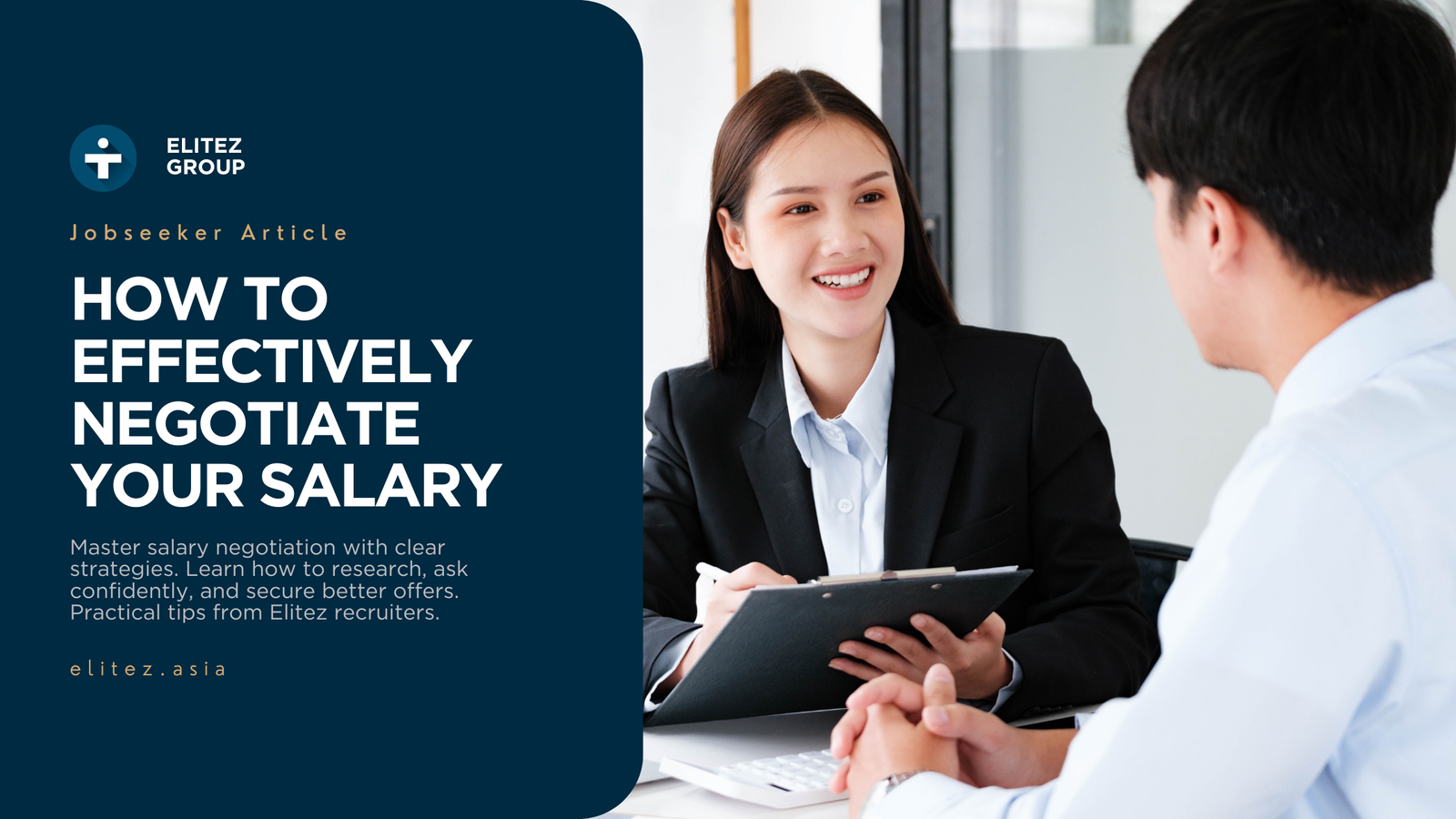 Woman interviewing man during salary negotiation with clipboard