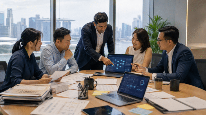 HR and business leaders reviewing digital workflow dashboards during a job redesign discussion in a modern Singapore office