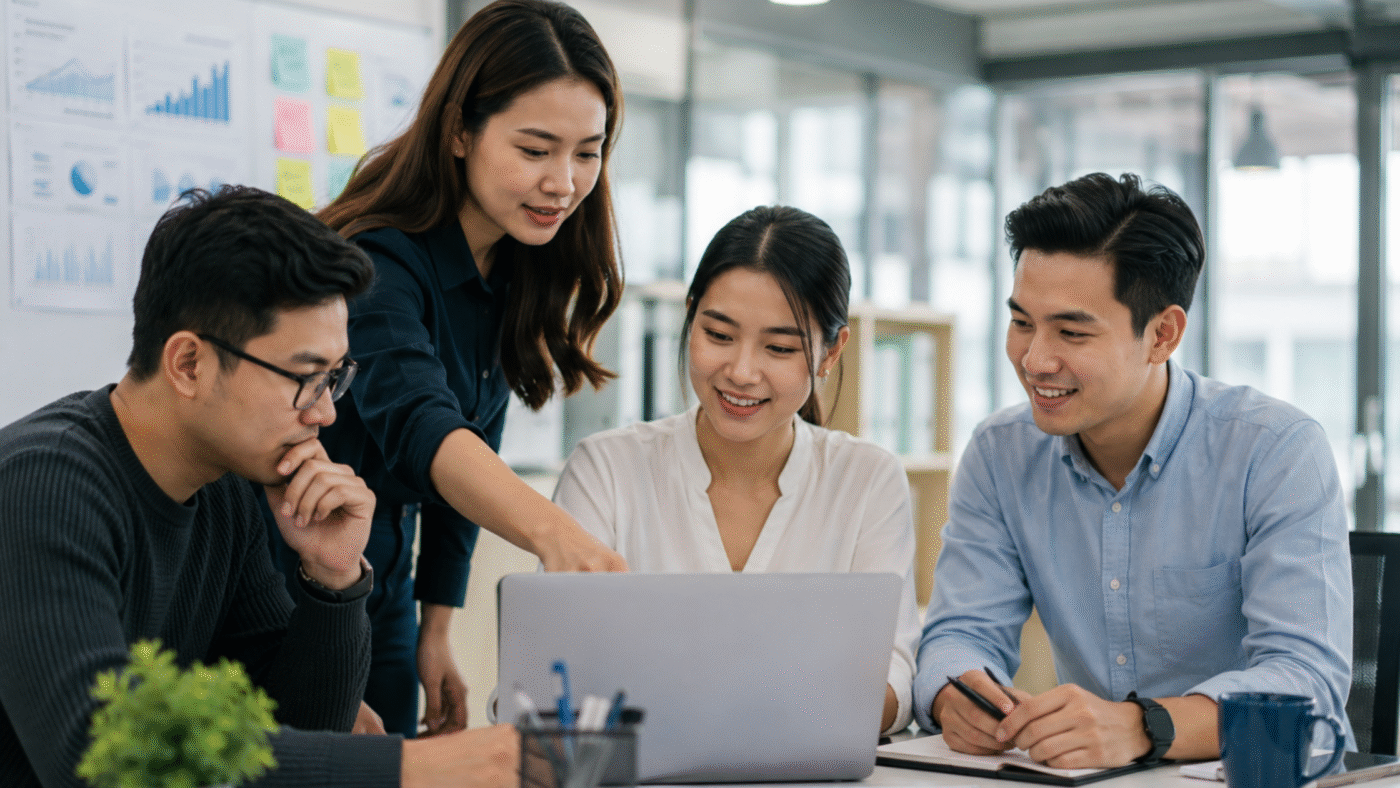 Singapore professionals discussing job redesign and workforce productivity in a modern office