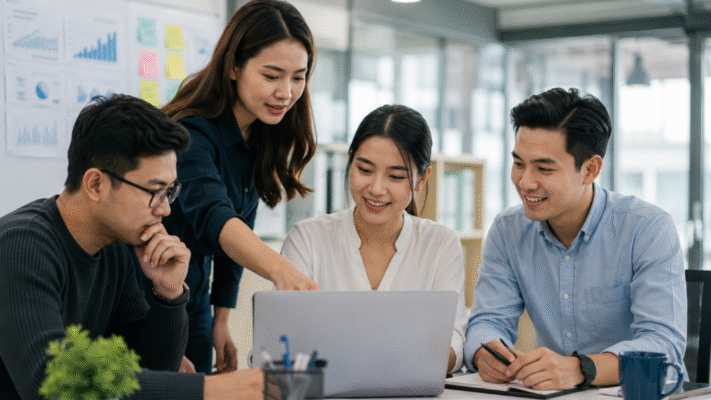 Singapore professionals discussing job redesign and workforce productivity in a modern office