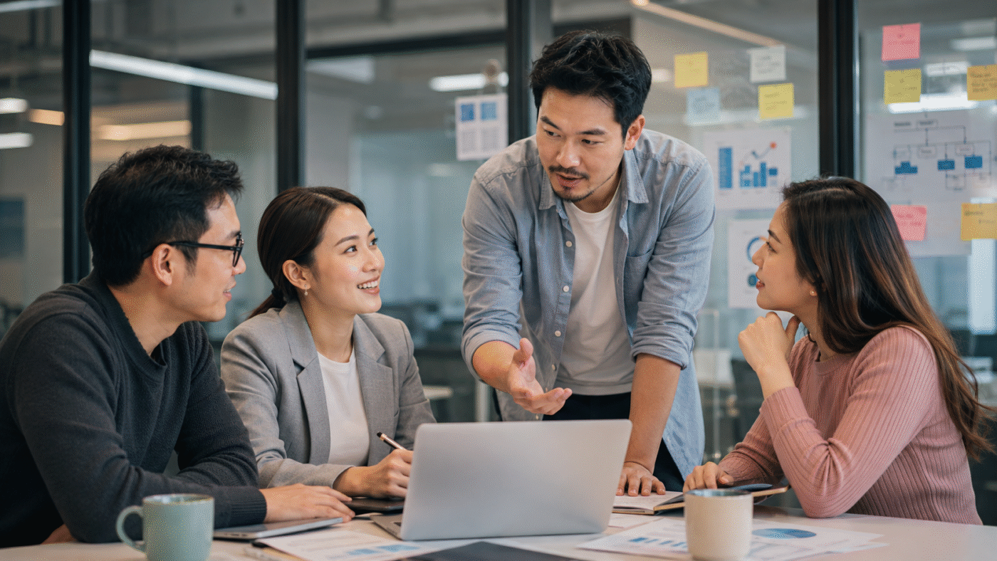 Professionals discussing job redesign and workflow transformation in a modern office