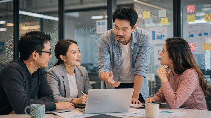 Professionals discussing job redesign and workflow transformation in a modern office