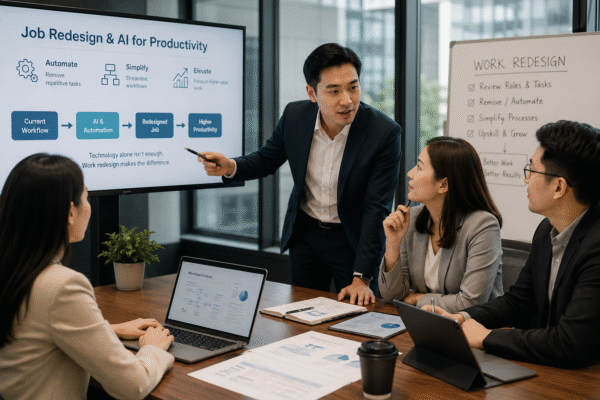 Professionals discussing job redesign in Singapore and AI productivity in a modern office