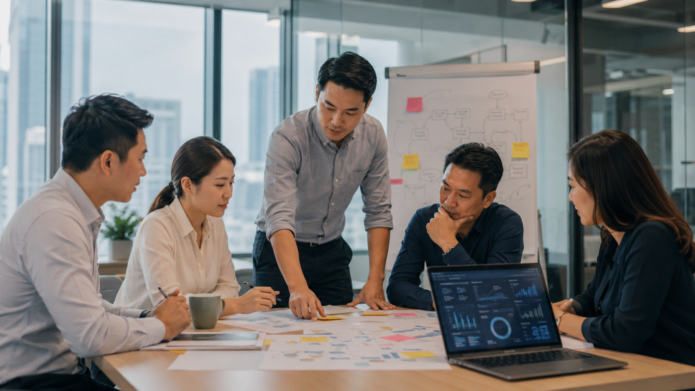 Professionals discussing job redesign in Singapore before adopting AI tools