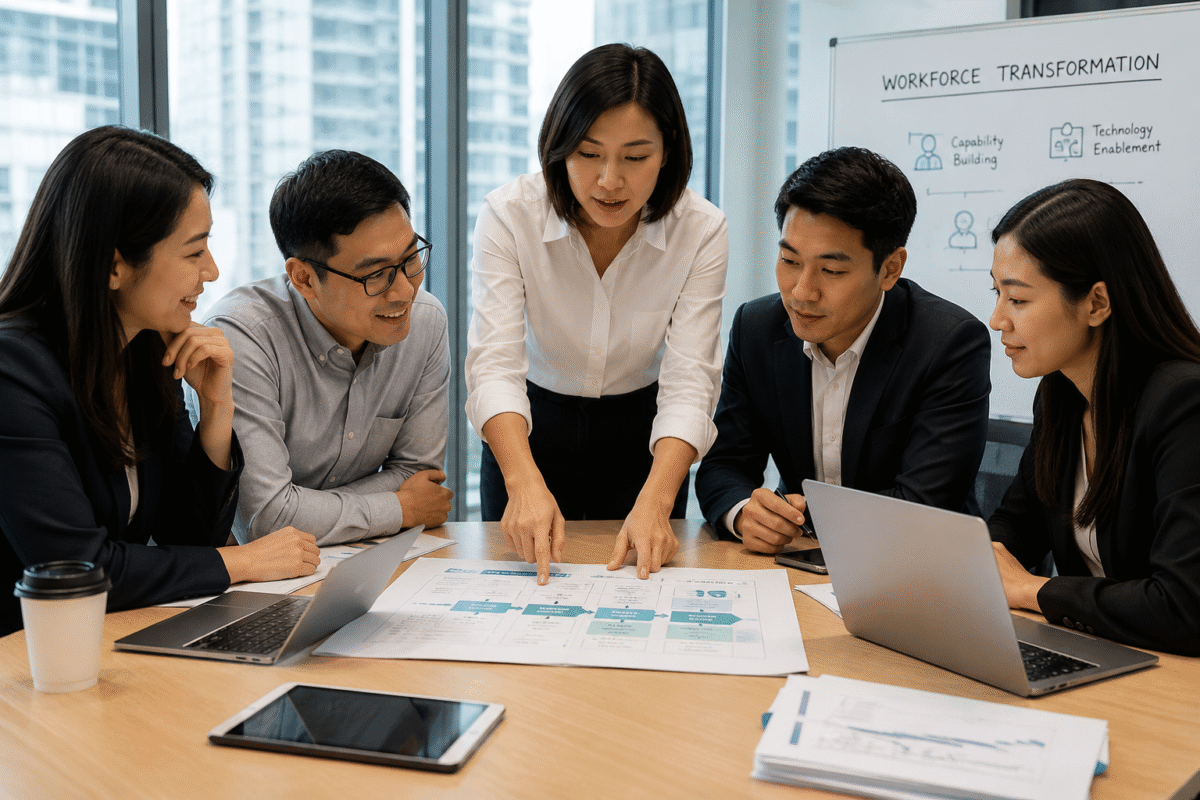 Professionals discussing workforce transformation for SMEs in a modern office