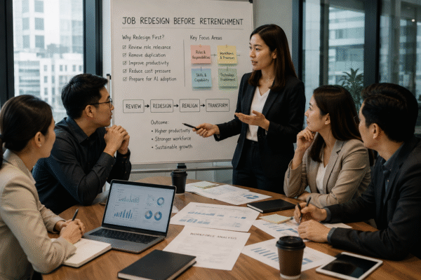 Alt Text Professionals discussing job redesign before retrenchment in a modern office
