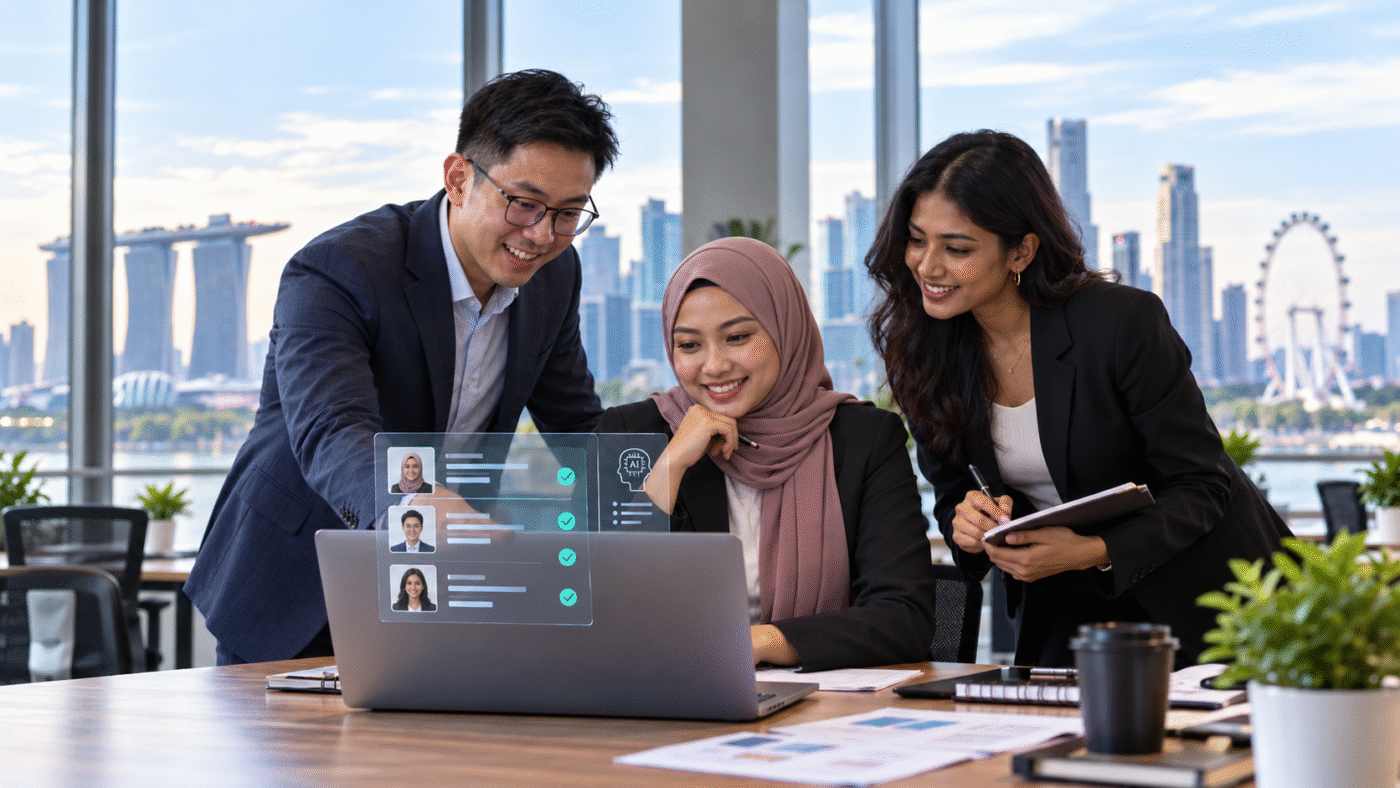 Singapore HR professionals reviewing AI-supported candidate screening to keep recruitment fair, merit-based and human-led.