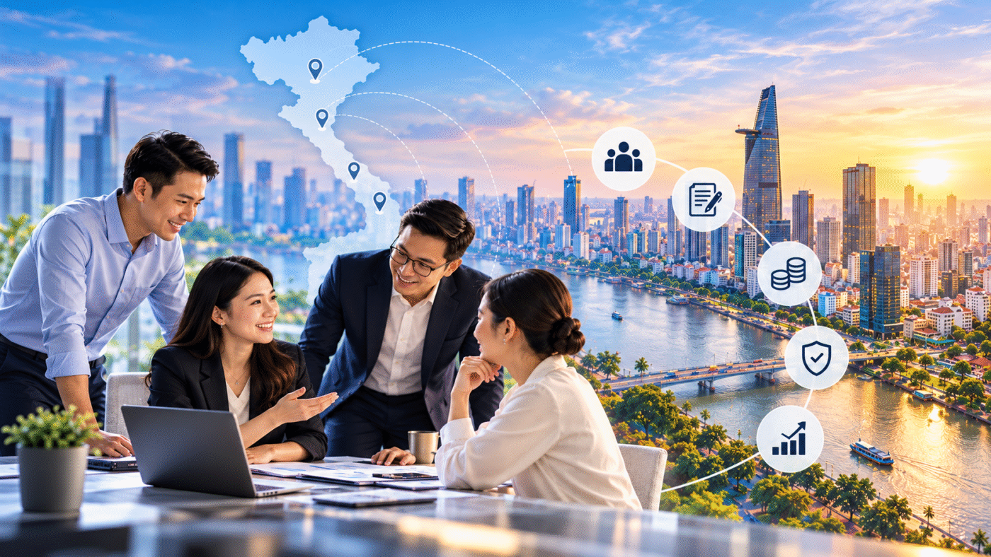 Vietnamese business professionals discussing hiring and HR management, with Ho Chi Minh City skyline and Vietnam workforce icons in the background.