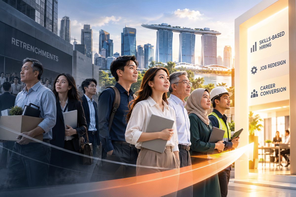 Diverse Singapore professionals moving from retrenchment towards skills-based hiring, job redesign and career conversion opportunities.